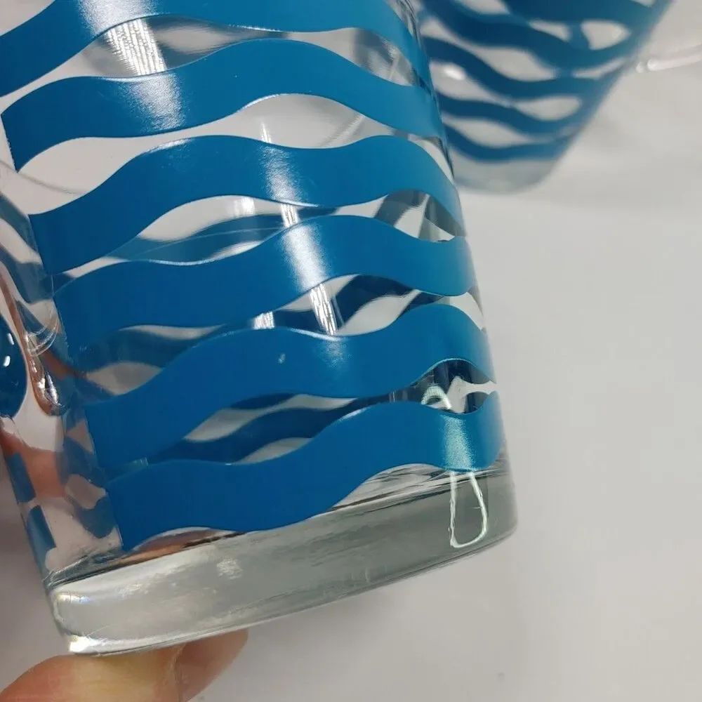 IKEA Satsning Glass Mugs/Cups Set- 6 Retired Blue Waves Stripes 3.5